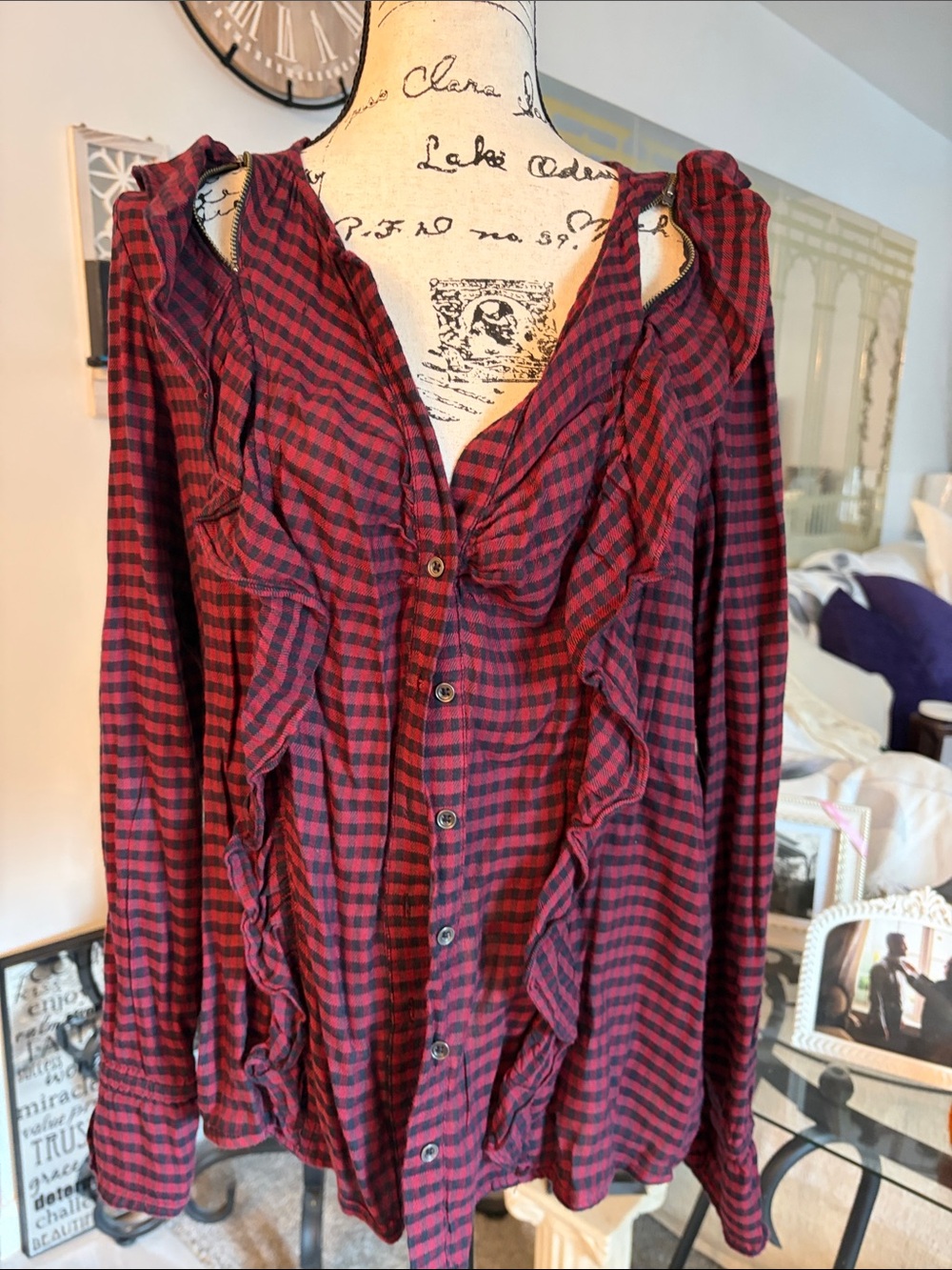 William Rast Red and Black Plaid Ruffle Button-Down Top